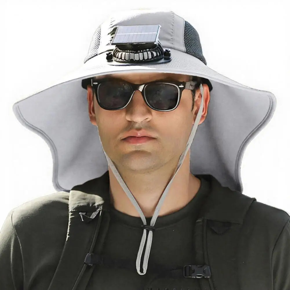 Solar-Powered Cooling Fan Hat with a Wide Brim and UV Protection