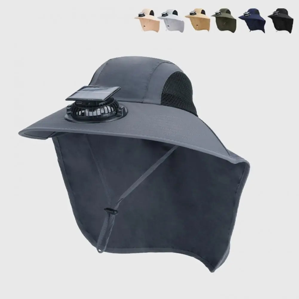 Solar-Powered Cooling Fan Hat with a Wide Brim and UV Protection
