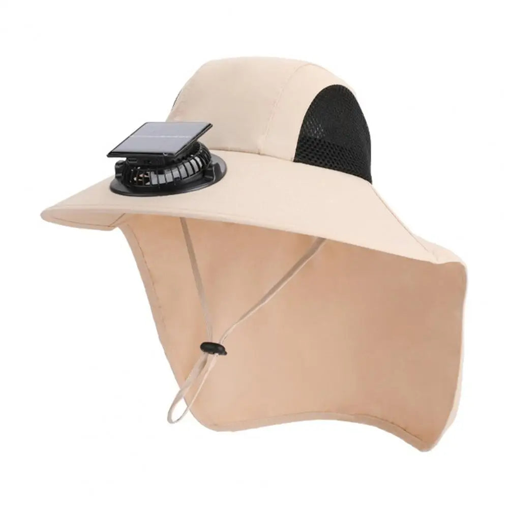 Solar-Powered Cooling Fan Hat with a Wide Brim and UV Protection