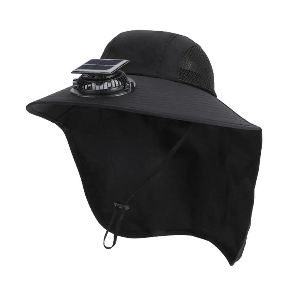 Solar-Powered Cooling Fan Hat with a Wide Brim and UV Protection