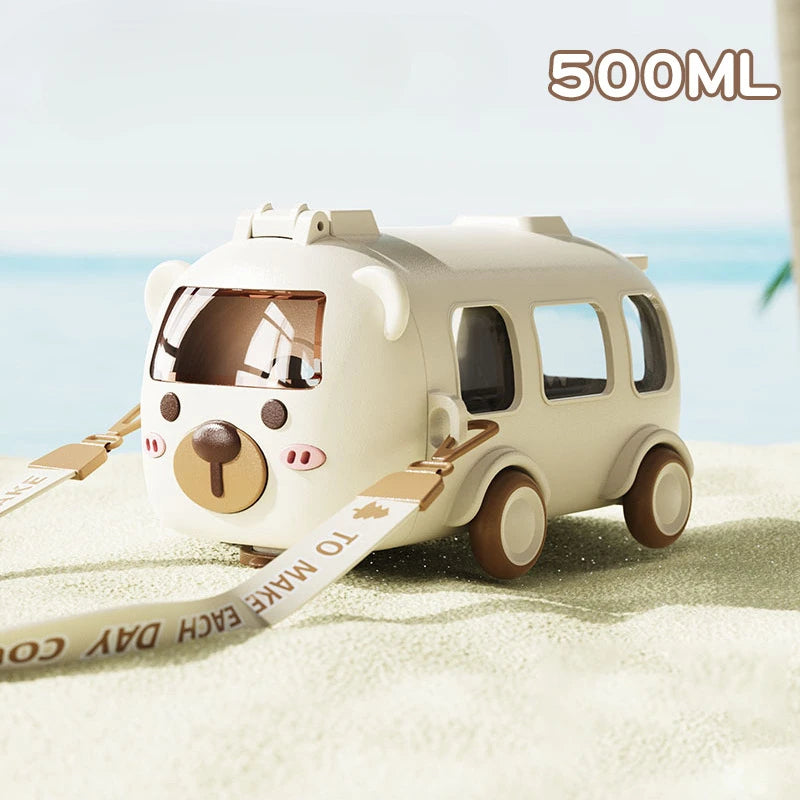 Playful Cartoon Bus Water Bottle with Straw for Kids