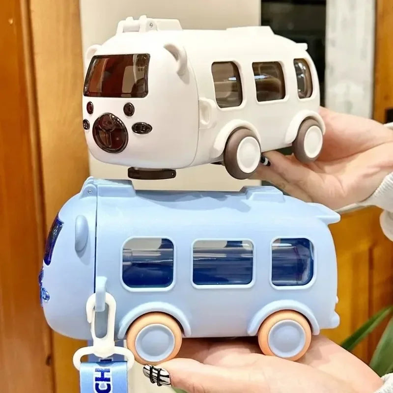 Playful Cartoon Bus Water Bottle with Straw for Kids
