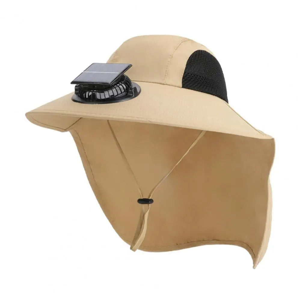 Solar-Powered Cooling Fan Hat with a Wide Brim and UV Protection