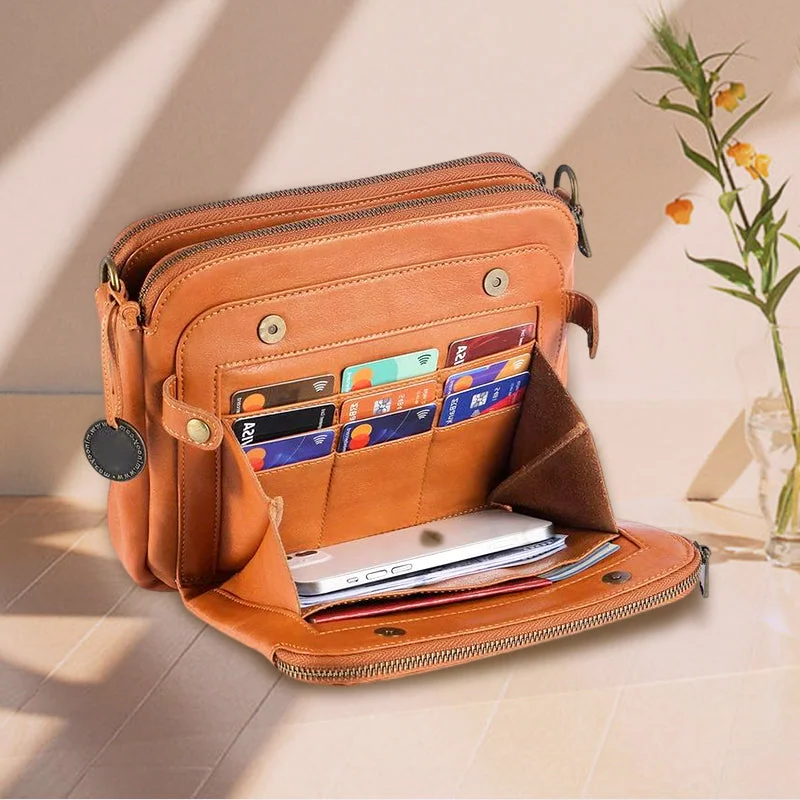 Triple-Layer Leather Crossbody Bag - Convertible Shoulder Bag & Clutch